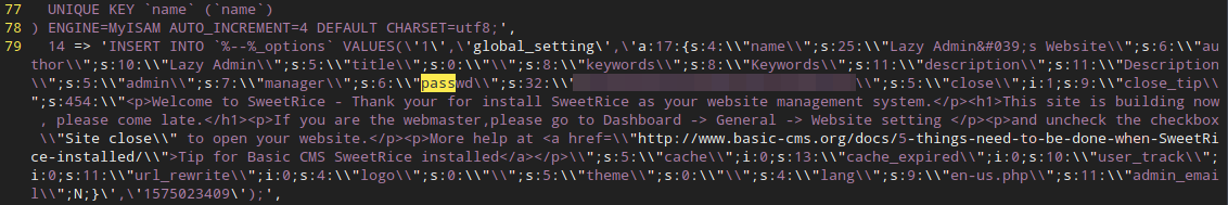 SQL database line containing ‘passwd’